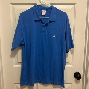 Brooks Brothers 346 Mens Blue Polo Shirt Yellow Logo, Short Sleeve Size Large